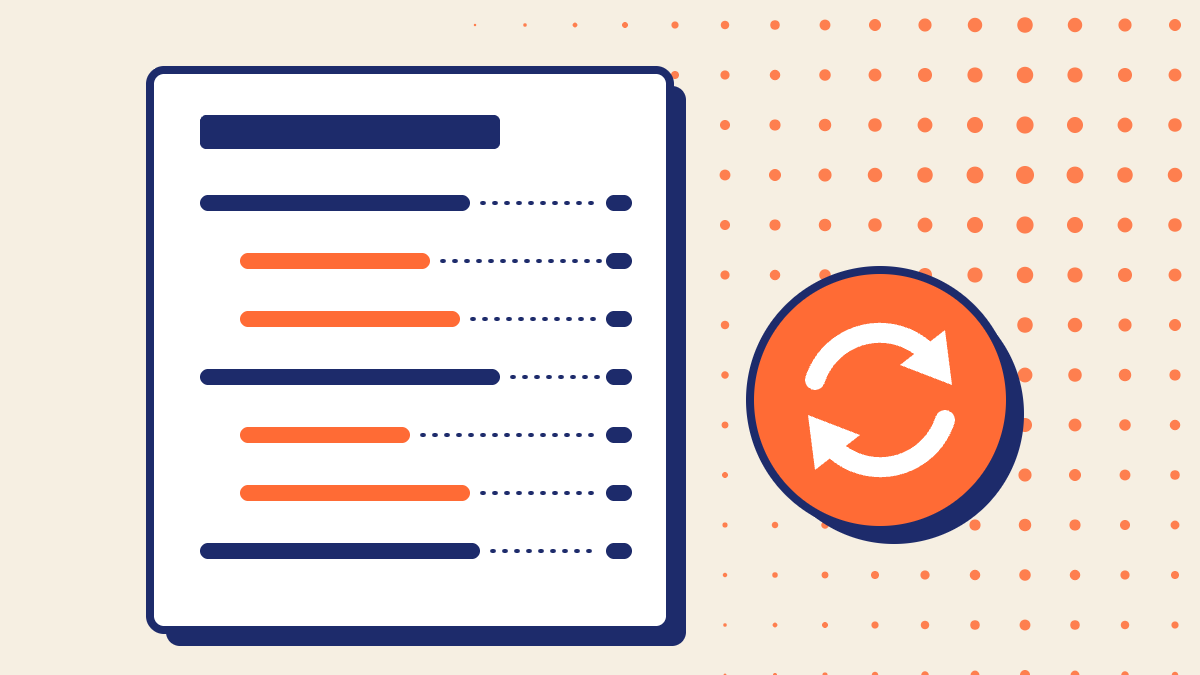 White document with a navy and orange table of contents and an orange refresh badge on a cream halftone background