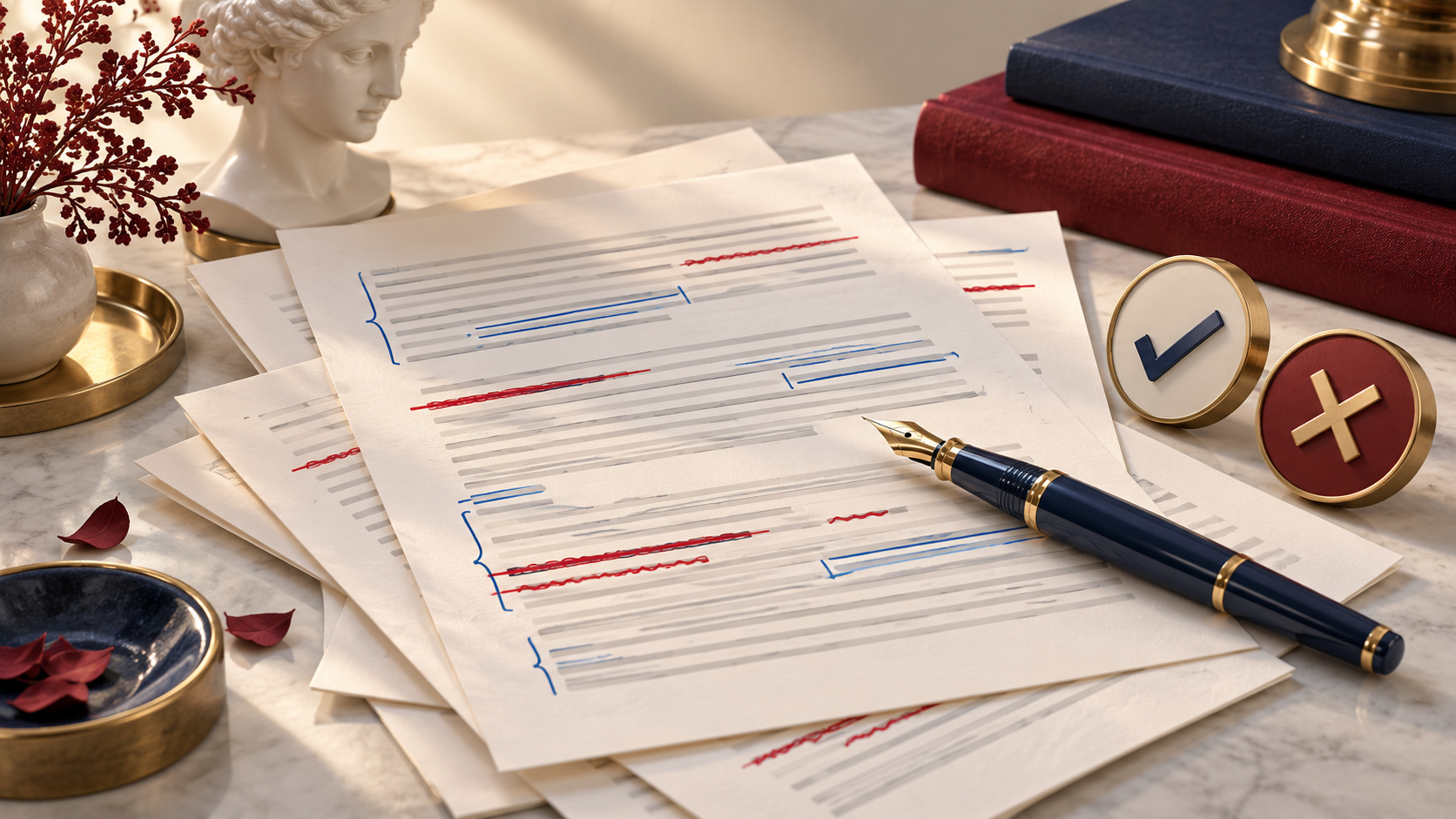 Illustration of manuscript pages with red and blue revision marks, a pen, and accept and reject symbols.